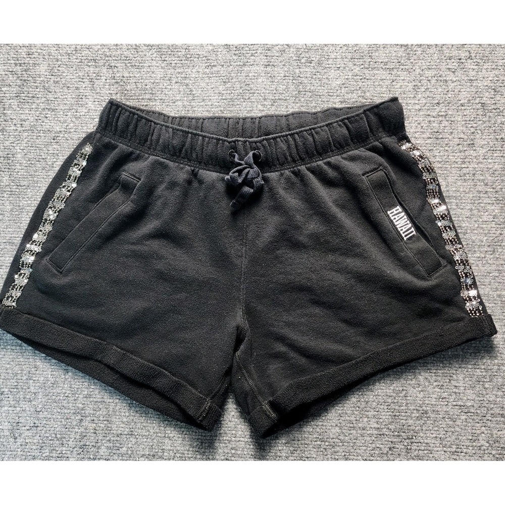 VICTORIAS‎ SECRET PINK Shorts S Black BLING Hawaii Rhinestone Sparkly Logo Y2K